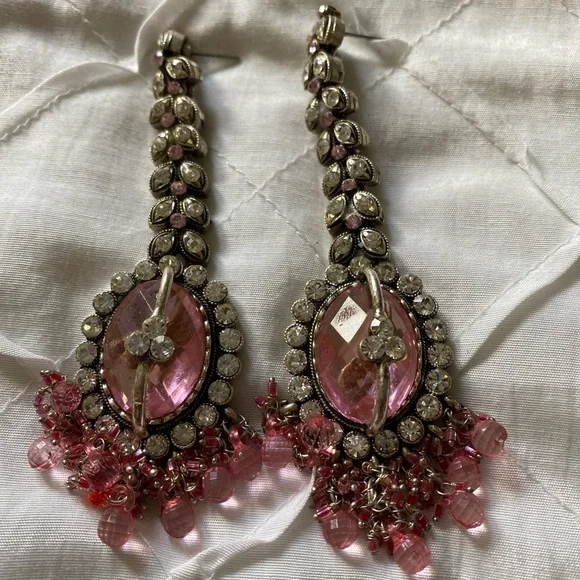 Rhinestone Dressy Earrings Pink Silver Long Black Tie Prom Homecoming Weddings - Picture 5 of 6